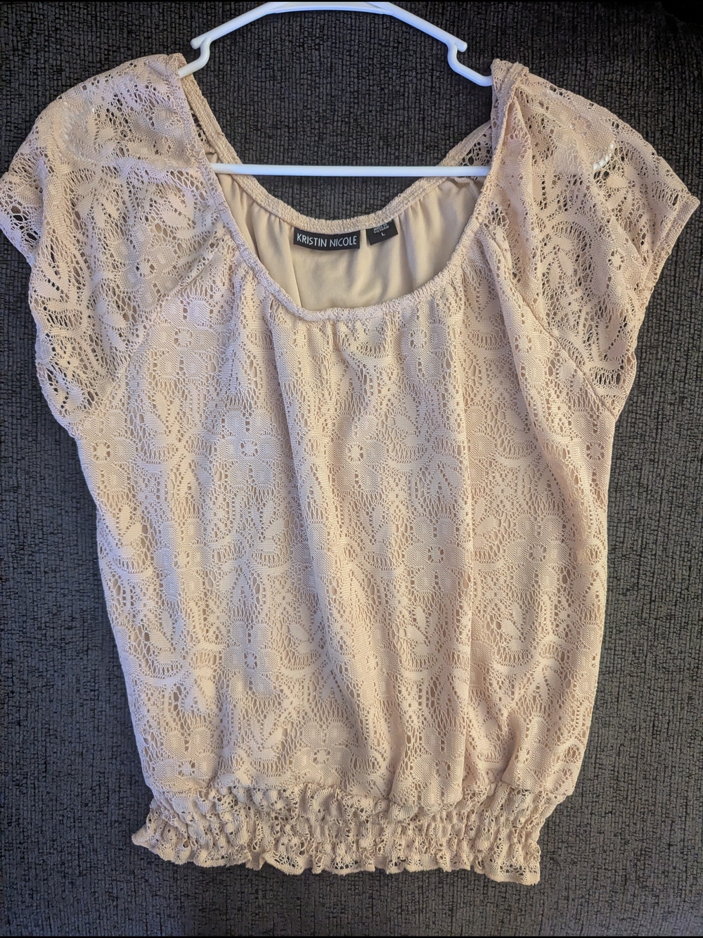 Light Tan Lace Cap-Sleeve Blouse with Smocked Hem